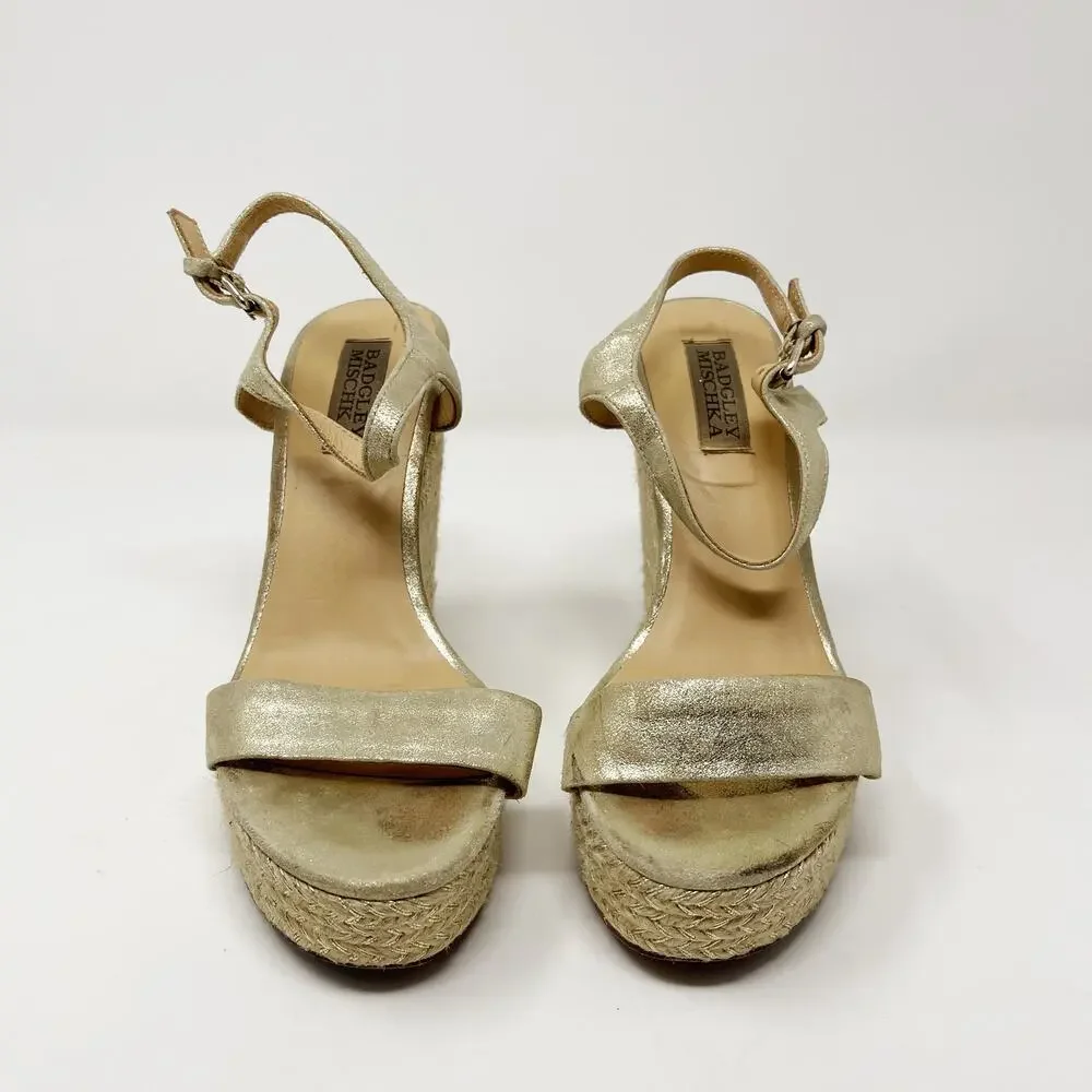 Badgley Mischka 5.5 Gold Leather Espadrille Wedge Sandals Ankle Wrap 4.5